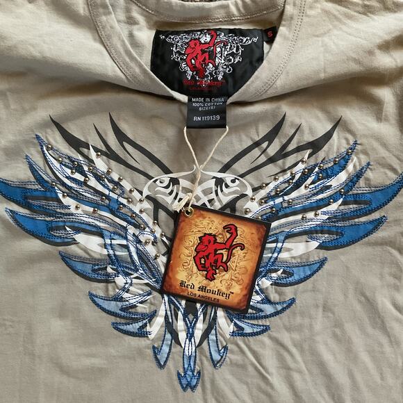Red Monkey Los Angeles Tribal Rhinestone Graphic T-Shirt Wings Eagle Men’s Sz S - Picture 6 of 10